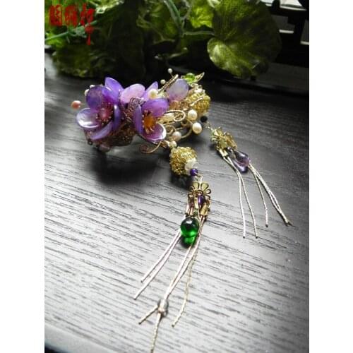 Purple Colored Green Xiu Jade Flower Cluster Pinchcock Handmade Vintage Cosplay Hair Accessories Hairpin Hair Jewelry