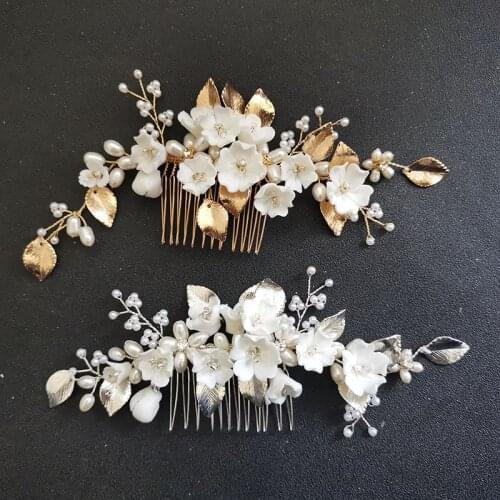 SLBRIDAL Handmade Crystal Rhinestone Freshwater Pearls Flower Bridal Hair Comb Hair Pin Set Wedding Hair Accessory Women Jewelry