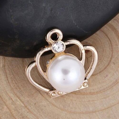 20 Pieces Zinc Alloy Metal Gold Rhinestones Hollow Crown Imitation Pearls Pendant Jewelry Making for Woman Girl IDY