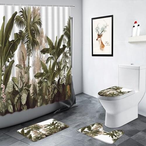 Tropical Plants Shower Curtains Banana Leaves Palm Trees Green Plant Scenery Nordic Decor Rug Bath Mat Toilet Mats Bathroom Sets