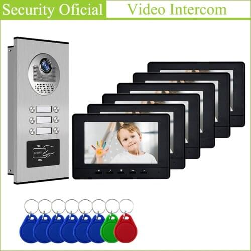 1 to 6 Intercom Kits 7 inch Color Video Door Phone 6 Monitors with 1 Intercom Doorbell Can Control 6 Houses for Multi Apartments