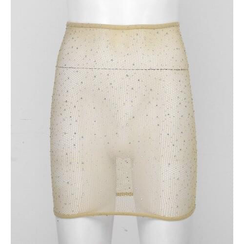 Womens See-Through Mesh Hollow Out Mini Skirt Dress Shiny Rhinestone Bodycon Miniskirt Transparent Rave Dancing Costume Clubwear