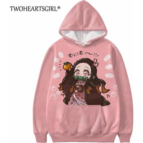 Twoheartsgirl Devils Blade Anime Hoodie Long Sleeve Cartoon Demon Slayer Women Spring Autumn Sweatshirts Loose Pullover Tops