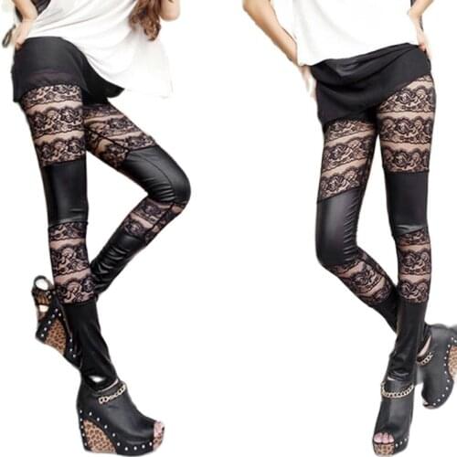 Women Fashion Lace leggings lady Patchwork Artificial Leather Pant girl party club skinny Leggings Black floral lace pants