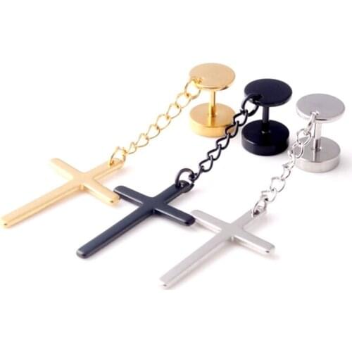 1 PC Punk Gothic Stainless Steel Stud Earring Cross Round Fake Ear Taper Dumbbell Fashion Women Mens Rock Style Jewelry