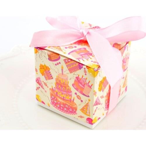 100pcs Birthday Cake Pattern With Ribbon Candy Box Party Wedding Baby Shower Favor Paper Gift Boxes Boite Dragee Mariage