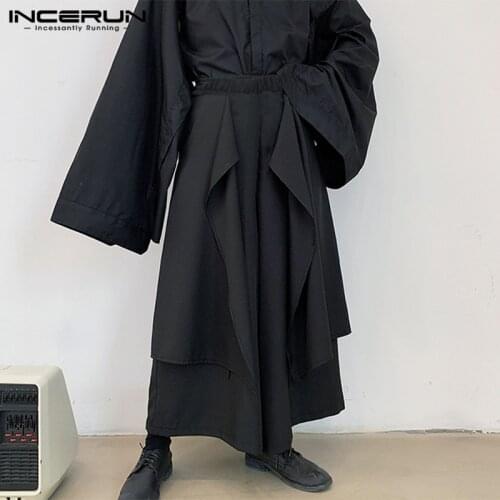 2021 Fashion Men Wide Leg Pants Solid Color Elastic Waist Irregular Skirts Trousers Punk Black Joggers Loose Pantalones S-5XL 7