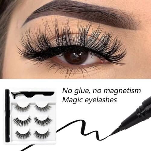 3 Pairs False Eyelashes And Eyeliner Kit No Glue Non Magnetic Waterproof Reusable Eyelashes With Sticky Liquid Eyeliner Mascara