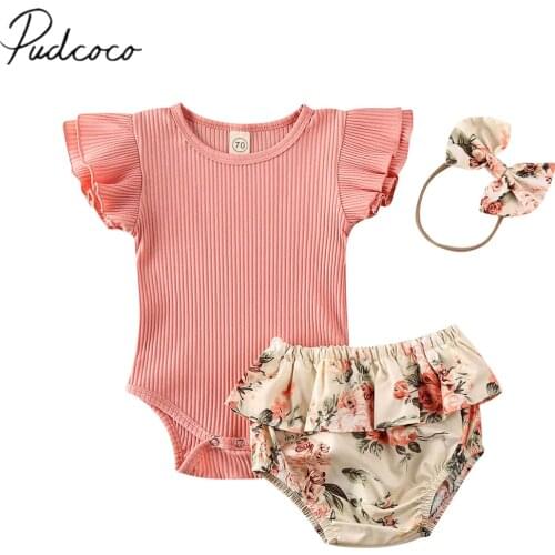 2020 Baby Summer Clothing Infant Newborn Baby Girl Ruffled Ribbed Bodysuit Floral Shorts Headband 3Pcs Set