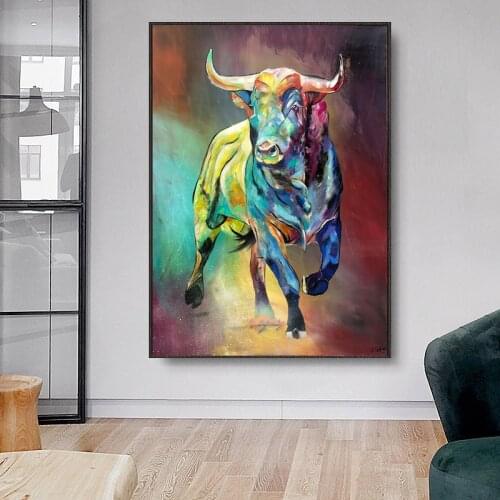 Abstract Colorful Bull Canvas Paintings Animal Wall Art Prints Poster Living Room Decorative Paintings On The Wall Home Decor