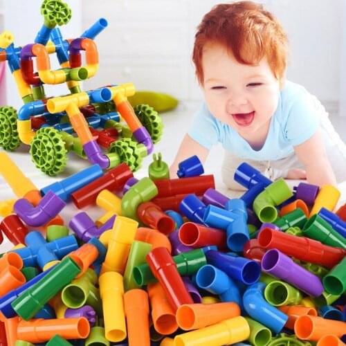 Hot Color Water Pipe Building Blocks With Car Children DIY Assembling Pipeline Tunnel Model Kids Toys Compatible Big Blocks
