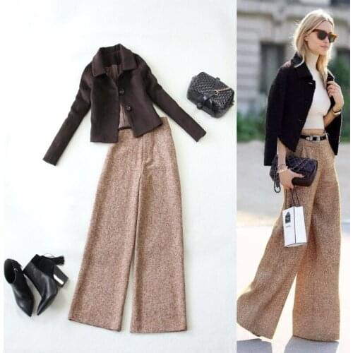 Two piece set top and pants autumn and winter new coffee color wool short jacket + high waist wide leg pants suit