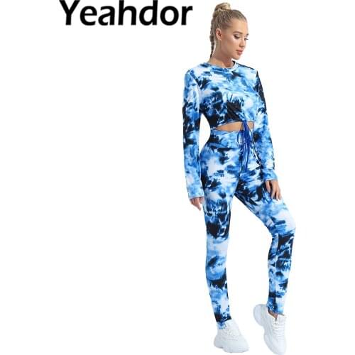 Womens Tie Dye Printed Suit Sportswear Round Neck Long Sleeves Hem Crop Top High Waist with Drawstring Pants Set Sports Outfit
