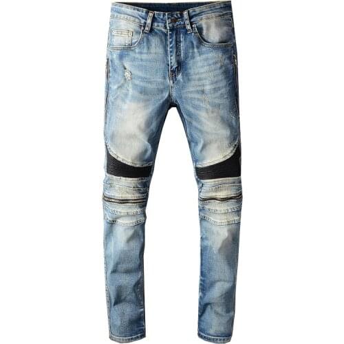 Sokotoo Mens PU leather patchwork biker jeans Zippers retro light blue stretch denim slim pants