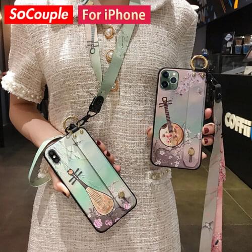 SoCouple Wrist Strap Phone Holder Soft Case For iPhone X XR XS 7 8plus 12 11 Pro Max SE 2020 with Lanyard Neck Wrist Strap
