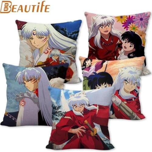 Custom Inuyasha Anime Pillowcase Cartoon Wedding Decorative Cotton Linen Pillow Case For Home Pillow Cover 45X45cm One Side