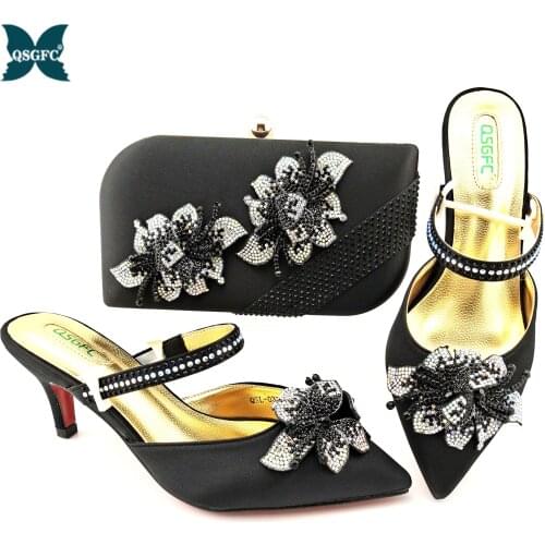 New Arrival Italian Design Nigerian 2021 Fashion Summer Flower Style Women Shoes and Bag Set in Black Color for Party Wedding