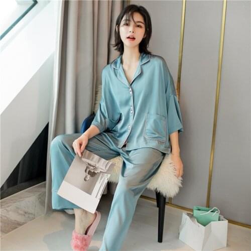 Simplicity Pajamas Set Ladies Silky Long-sleeved Sleepwear Nightgowns For Sleeping Thin Ice Silk Air-conditioning Suit Woman