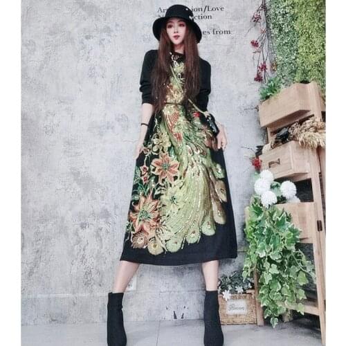 Sequin Dress Embroidery Maxi Dress for Women National Style Chinese 2021 Spring Womens Long Sleeve Dresses Loose Vestidos XC424