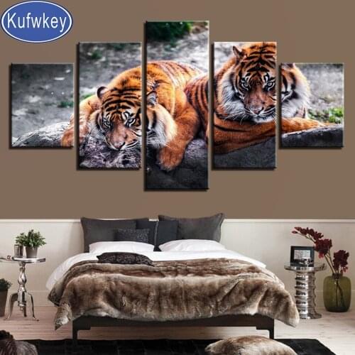 Full square Diamond painting 5 piece "Fierce Tigers"3d round drills Embroidery rhinestones Forest Animal king 5d puzzle diamond