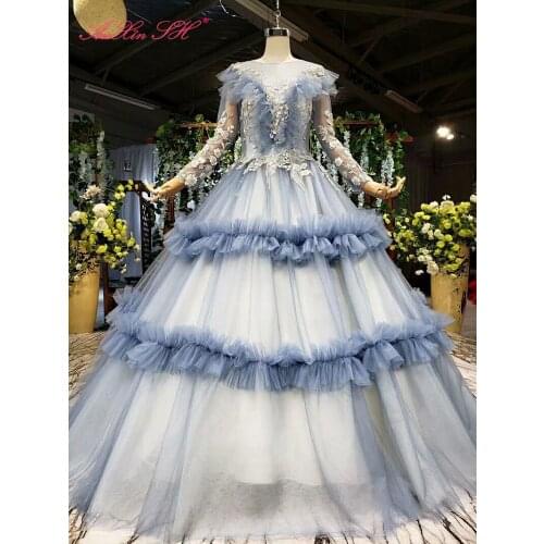 AnXin SH Luxury princess blue flower lace beading crystal illusion o neck long sleeve ruffles wedding dress 100% real photos
