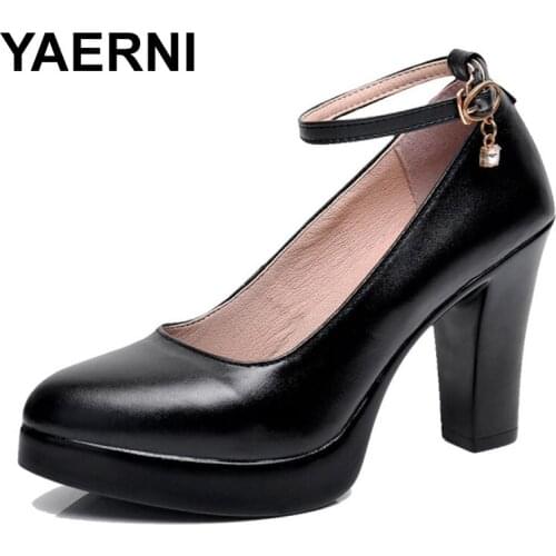 YAERNI genuine leather shoes women pointed toe pumps Sapato feminino high heels work platform shoe big size 33-43
