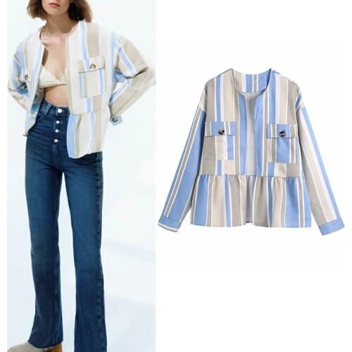 WESAY JESI Womens Clothing Jackets Za Fashion Chic O-Neck Casual Pockets Button Jacket Ruffled Patchwork Overcoat Office Lady