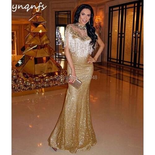 YNQNFS E5 Fashion Mermaid Crystal Dress Gold Sequin Gown Luxury Evening Dress 2019