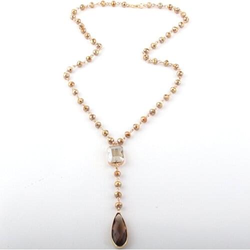 Fashion Bohemian Jewelry 6mm Glass Rosary Chain Link Crystal Drop Pendant Necklaces For Women Necklace