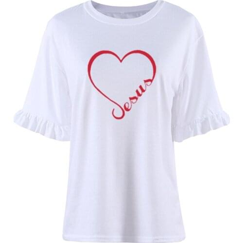 Summer Women Elegant Pink Funny Tees Loose Clothes Love Heart Jesus Faith T Shirt Women Petal Sleeve Funny Christian Graphic Top