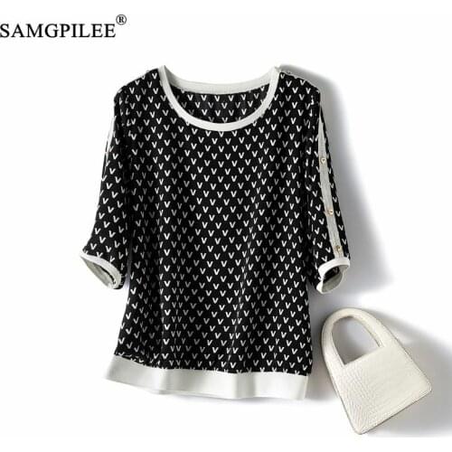 2021 New Women T-shirts Plus Size Korean Style Casual Chiffon Half Sleeve Button Geometric O-neck Oversized T Shirt Woman 4XL