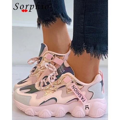 Women Summer Sneakers Lace Up Flats Breathable Mesh Chunky Heel Fashion Casual Gym Running Shoes Woman 2021 Classic Style