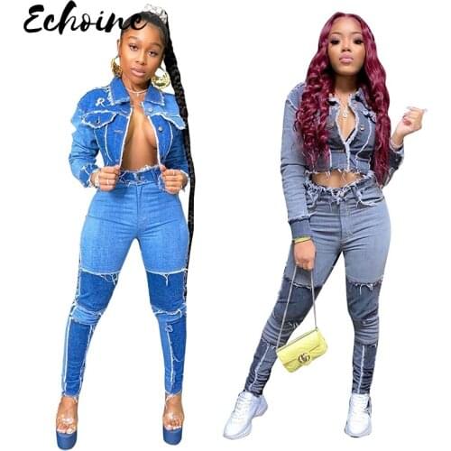 Women Denim Patchwork Jackets Jeans Pants Suit Tracksuit Two Piece Matching Set Fitness Outfits Plus Size 2XL Active Wear