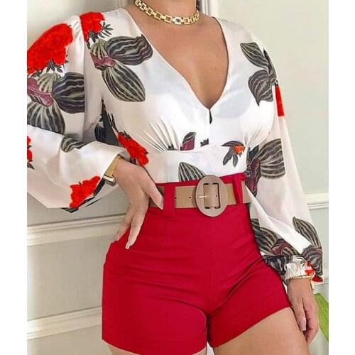 2021 new suit women full-width floral long-sleeved V-neck casual suit shorts
