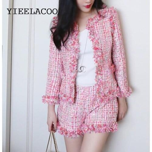 Pink tweed jacket + skirt/short suit bright wire braided Autumn / Winter womens jacket ladies 2 piece Elegant Skirt Set