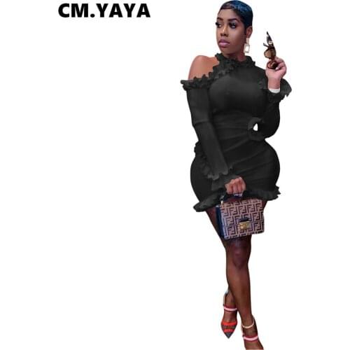 CM.YAYA Women Mini Dress Solid Full Sleeve Hollow Out Eduble Tree Fungus Stretchy Skinny Bodycon Dresses Sexy Vestidos Autumn