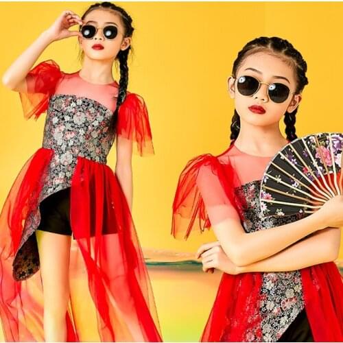 2021 Chinese Style Jazz Dance Costumes Red Outfits Modern Dance Performance Rave Clothes Girls Hip Hop Dance Clothing DQS6623