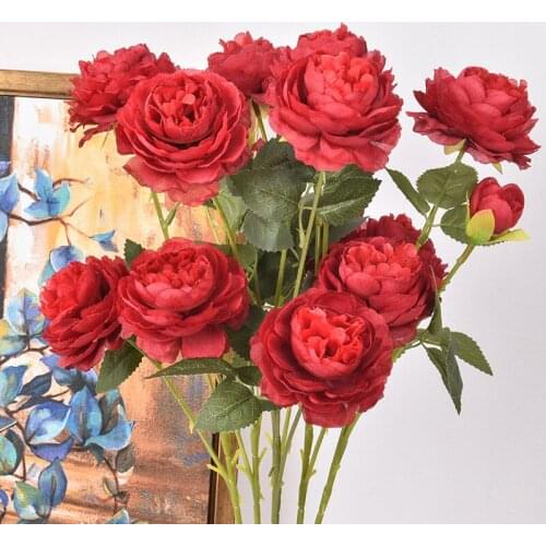 66cm Artificial Rose Silk Flowers Long Branch Wedding Birthday Party Home Bedroom Decoration European 3Heads Peony Fake Flowers