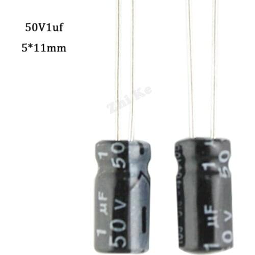 50PCS 50V 1UF 1UF 50V Electrolytic capacitor Size 5*11MM 50 V / 1 UF Aluminium electrolytic capacitor