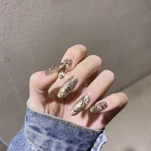 American shining golden pure color with golden fragments false nails with glue bride UV gel full nail tips lady fake nails