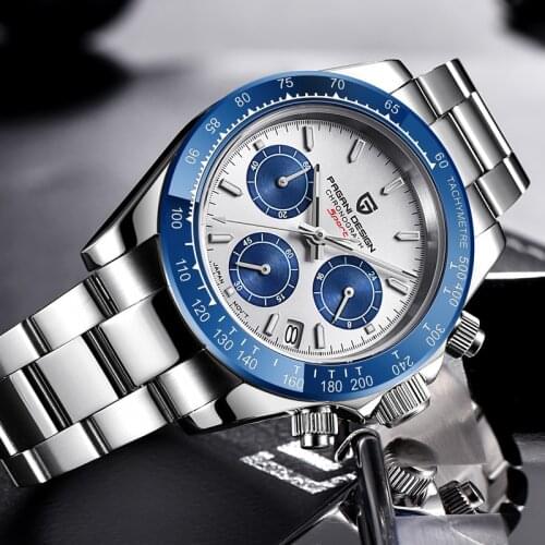 New Original Mens Chronograph Watch Stainless Steel Bracelet Luminous Watch for Men Blue Ceramic Classic Quartz Boy Clock A625