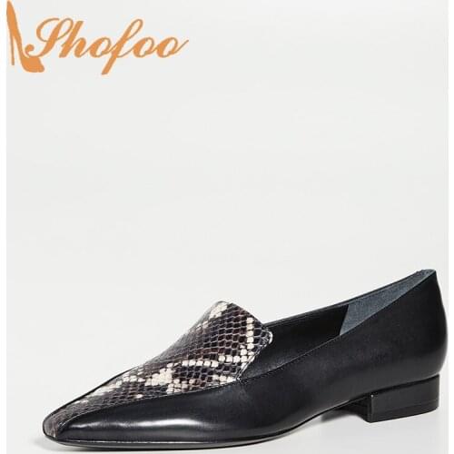 Black Snakeskin Women Ballet Shoes Pointed Toe Low Square Heels Pumps Large Size 10 15Ladies Slip-on Autumn Casual Mature Shofoo