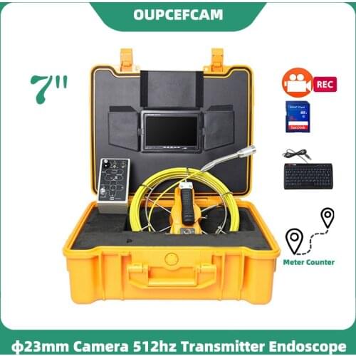 Φ23mm Camera 512hz Transmitter Drain Pipe Sewer Inspection Endoscope System 7" Screen DVR Keyboard Meter Counter Yellow Case