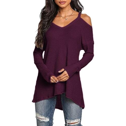 Sexy Female Off The Shoulder T Shirt Autumn Pure Draped Long Sleeve T-shirt Tees Irregular Hem V-neck Pullover Streetwear Tshirt