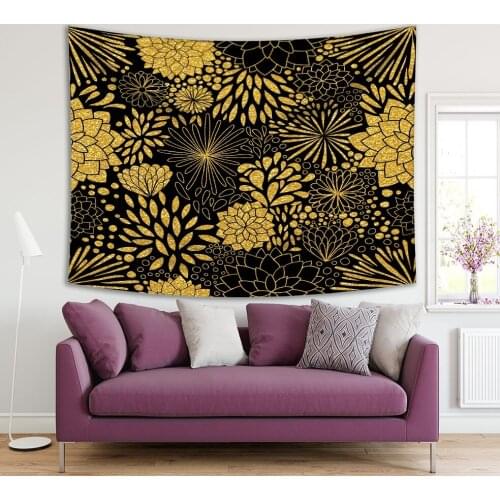 Tapestry Gold Flowers Leaf Patterns on Black Background Nature Summer Garden Floral Ornament Decorative Art