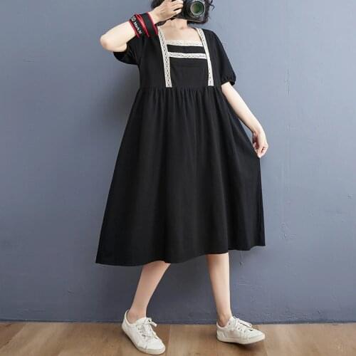Japanese Style Lace Patchwork Square Collar Sweet Girls Chic Loose Summer Dress Cotton Linen Fashion Women Travel Casual Dress