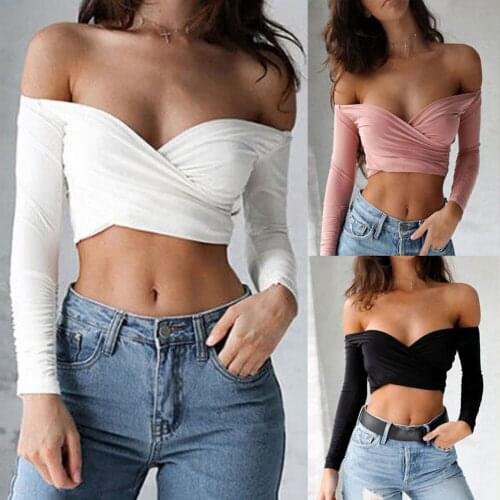 Summer Fashion Sexy Deep V neck Tops Cross Long Sleeve Lady Girl Cropped Tops Casual Off the Shoulder T shirt Women Clothing