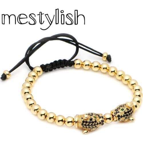 Mestylish Lasted Micro Pave Zirconia Double Leopard Head Bracelet Handmade Braided Copper Beads Bracelet Jewelry Pulseira