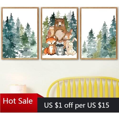 Woodland Animals Canvas Painting Posters and Prints Nursery Boy Gift Bear Fox Rabbit Forest Wall Art Decor Kids Room Decor