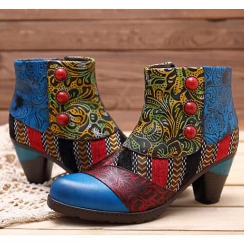 New Retro Colorful Boots Pattern PU Leather Gorgeous High Square Heel Zipper Boots Elegant Shoes Women
